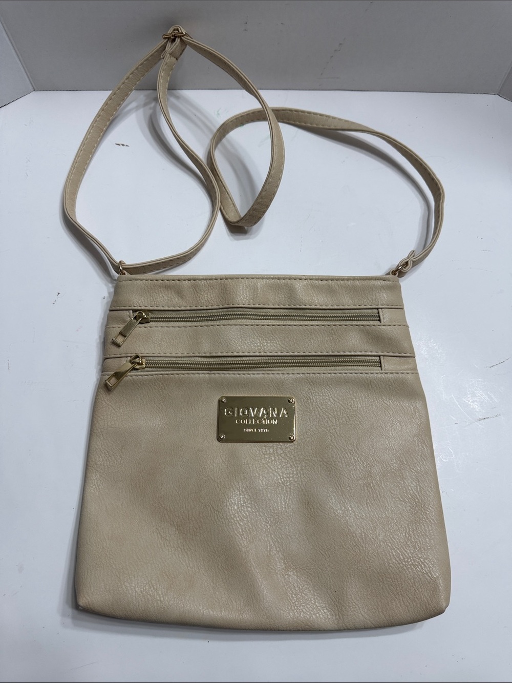 Beige Crossbody Bag with Front Zip Pockets